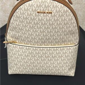 Michael Kors Cream Signature Logo Mini Backpack with Tan Trim